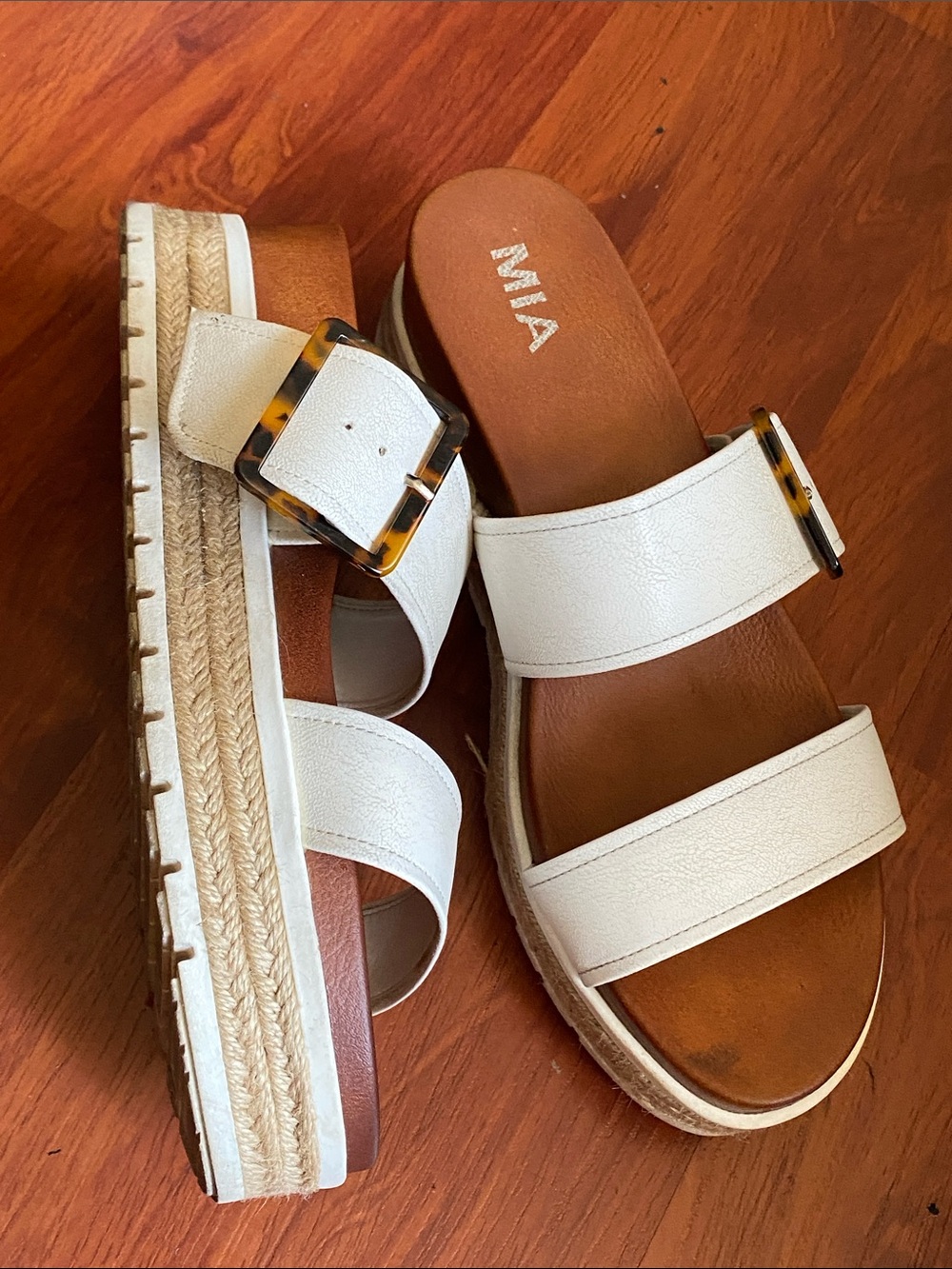 MIA White Double-Strap Platform Sandal with Tortoiseshell Buckles Wedges